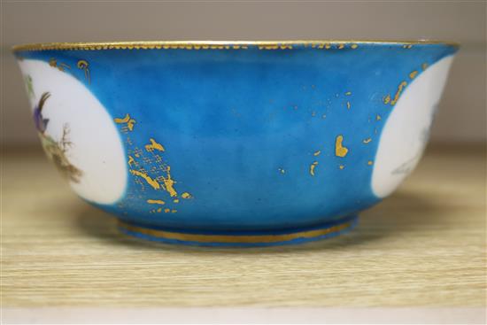 A Sevres style bleu celeste ornithological bowl, diameter 16.5cm
